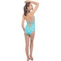 Azure blue and Crazy kitties pattern, cute kittens, cartoon cats theme Halter Front Plunge Swimsuit View2