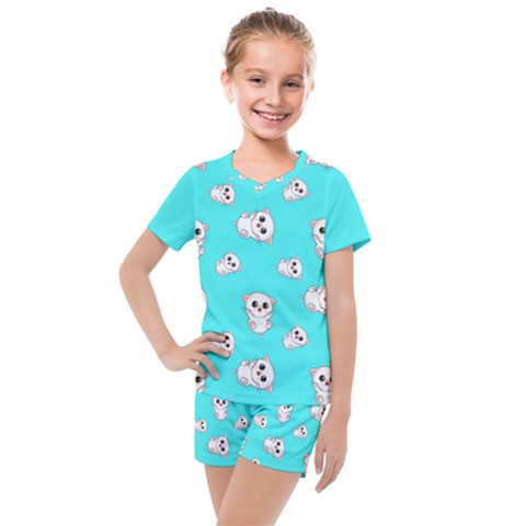 Azure Blue And Crazy Kitties Pattern, Cute Kittens, Cartoon Cats Theme Kids  Mesh Tee And Shorts Set by Casemiro