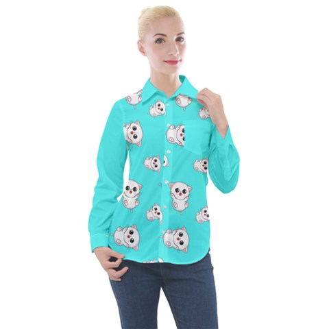 Azure Blue And Crazy Kitties Pattern, Cute Kittens, Cartoon Cats Theme Women s Long Sleeve Pocket Shirt by Casemiro