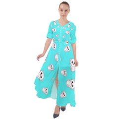 Azure Blue And Crazy Kitties Pattern, Cute Kittens, Cartoon Cats Theme Waist Tie Boho Maxi Dress by Casemiro