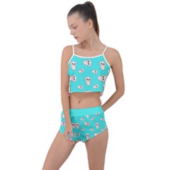 Azure Blue And Crazy Kitties Pattern, Cute Kittens, Cartoon Cats Theme Summer Cropped Co-ord Set by Casemiro