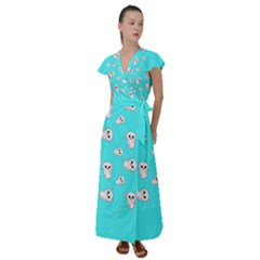 Azure Blue And Crazy Kitties Pattern, Cute Kittens, Cartoon Cats Theme Flutter Sleeve Maxi Dress by Casemiro