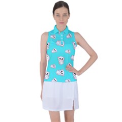 Azure Blue And Crazy Kitties Pattern, Cute Kittens, Cartoon Cats Theme Women s Sleeveless Polo Tee by Casemiro