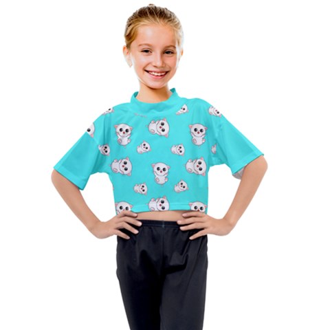 Azure Blue And Crazy Kitties Pattern, Cute Kittens, Cartoon Cats Theme Kids Mock Neck Tee by Casemiro