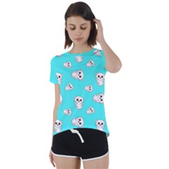 Azure Blue And Crazy Kitties Pattern, Cute Kittens, Cartoon Cats Theme Short Sleeve Foldover Tee by Casemiro