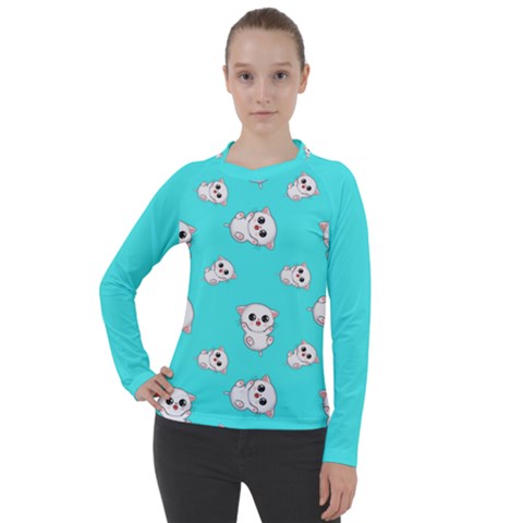 Azure Blue And Crazy Kitties Pattern, Cute Kittens, Cartoon Cats Theme Women s Pique Long Sleeve Tee by Casemiro