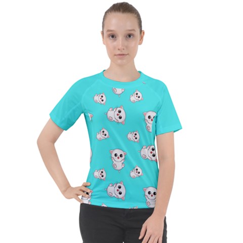 Azure Blue And Crazy Kitties Pattern, Cute Kittens, Cartoon Cats Theme Women s Sport Raglan Tee by Casemiro