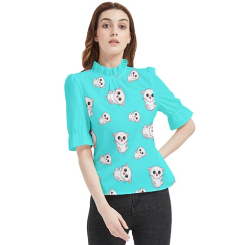 Azure Blue And Crazy Kitties Pattern, Cute Kittens, Cartoon Cats Theme Frill Neck Blouse by Casemiro