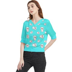 Azure Blue And Crazy Kitties Pattern, Cute Kittens, Cartoon Cats Theme Quarter Sleeve Blouse