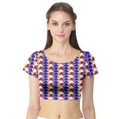 Colorful Triangles Pattern, Retro Style Theme, Geometrical Tiles, Blocks Short Sleeve Crop Top by Casemiro