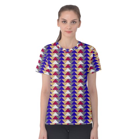 Colorful Triangles Pattern, Retro Style Theme, Geometrical Tiles, Blocks Women s Cotton Tee by Casemiro