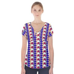 Colorful Triangles Pattern, Retro Style Theme, Geometrical Tiles, Blocks Short Sleeve Front Detail Top by Casemiro