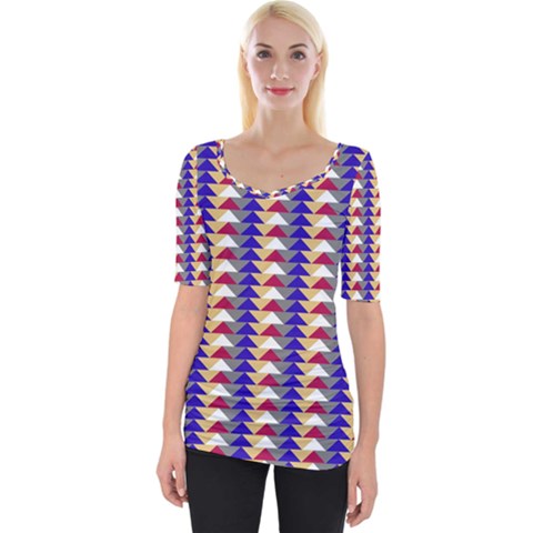 Colorful Triangles Pattern, Retro Style Theme, Geometrical Tiles, Blocks Wide Neckline Tee by Casemiro