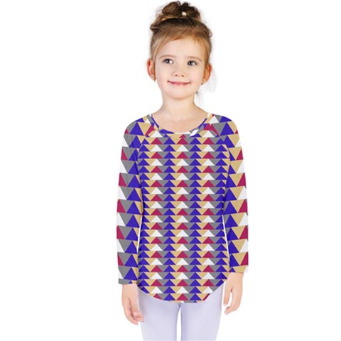 Colorful Triangles Pattern, Retro Style Theme, Geometrical Tiles, Blocks Kids  Long Sleeve Tee by Casemiro