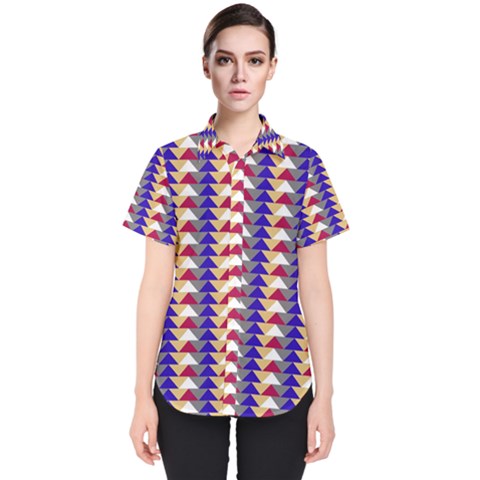 Colorful Triangles Pattern, Retro Style Theme, Geometrical Tiles, Blocks Women s Short Sleeve Shirt by Casemiro