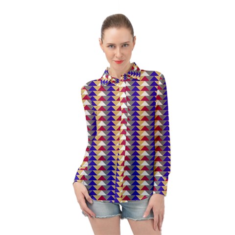 Colorful Triangles Pattern, Retro Style Theme, Geometrical Tiles, Blocks Long Sleeve Chiffon Shirt by Casemiro