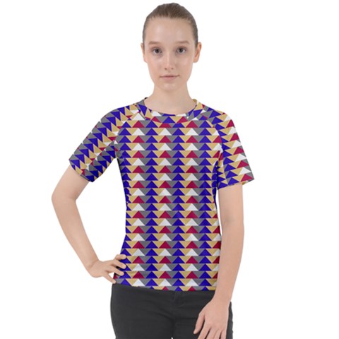 Colorful Triangles Pattern, Retro Style Theme, Geometrical Tiles, Blocks Women s Sport Raglan Tee by Casemiro