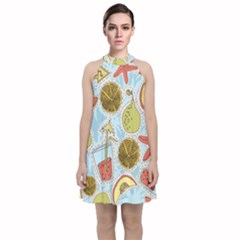 Tropical Pattern Velvet Halter Neckline Dress 