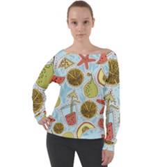 Tropical Pattern Off Shoulder Long Sleeve Velour Top by GretaBerlin