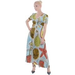 Tropical Pattern Button Up Short Sleeve Maxi Dress