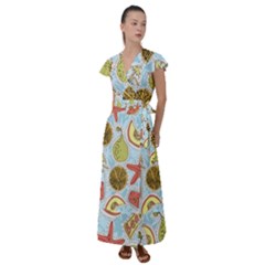 Tropical Pattern Flutter Sleeve Maxi Dress by GretaBerlin