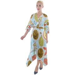 Tropical Pattern Quarter Sleeve Wrap Front Maxi Dress