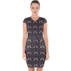 Moth Pattern Capsleeve Drawstring Dress 