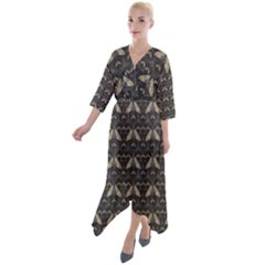 Moth Pattern Quarter Sleeve Wrap Front Maxi Dress