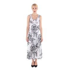 Line Art Black And White Rose Sleeveless Maxi Dress by MintanArt