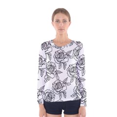 Line Art Black And White Rose Women s Long Sleeve Tee