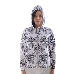 Line Art Black And White Rose Women s Hooded Windbreaker by MintanArt