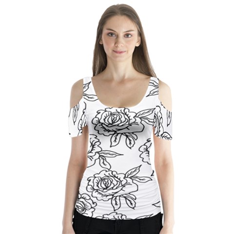 Line Art Black And White Rose Butterfly Sleeve Cutout Tee  by MintanArt