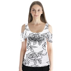 Line Art Black And White Rose Butterfly Sleeve Cutout Tee 