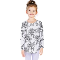 Line Art Black And White Rose Kids  Long Sleeve Tee