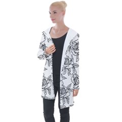 Line Art Black And White Rose Longline Hooded Cardigan by MintanArt