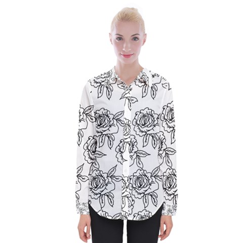 Line Art Black And White Rose Womens Long Sleeve Shirt by MintanArt