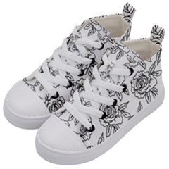 Line Art Black And White Rose Kids  Mid-top Canvas Sneakers