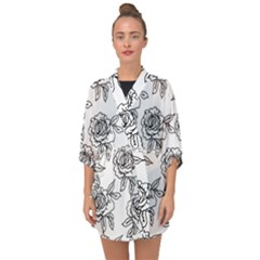 Line Art Black And White Rose Half Sleeve Chiffon Kimono