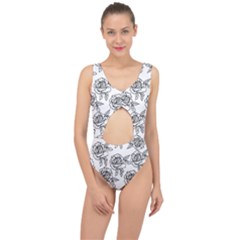 Line Art Black And White Rose Center Cut Out Swimsuit