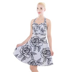 Line Art Black And White Rose Halter Party Swing Dress 