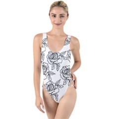 Line Art Black And White Rose High Leg Strappy Swimsuit by MintanArt