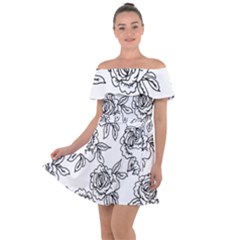 Line Art Black And White Rose Off Shoulder Velour Dress