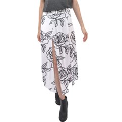 Line Art Black And White Rose Velour Split Maxi Skirt