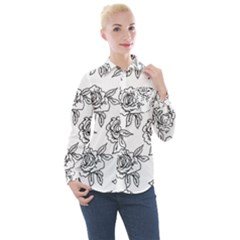 Line Art Black And White Rose Women s Long Sleeve Pocket Shirt