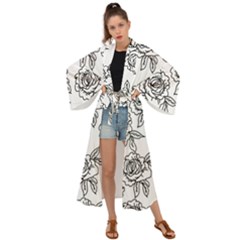 Line Art Black And White Rose Maxi Kimono