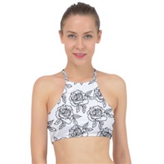 Line Art Black And White Rose Racer Front Bikini Top by MintanArt