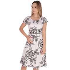 Line Art Black And White Rose Classic Short Sleeve Dress