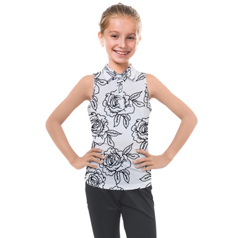 Line Art Black And White Rose Kids  Sleeveless Polo Tee by MintanArt