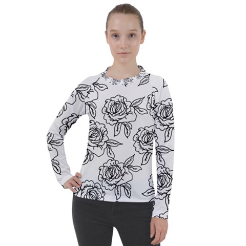 Line Art Black And White Rose Women s Pique Long Sleeve Tee by MintanArt