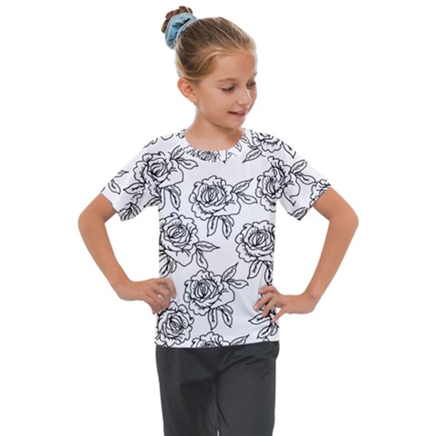 Line Art Black And White Rose Kids  Mesh Piece Tee by MintanArt